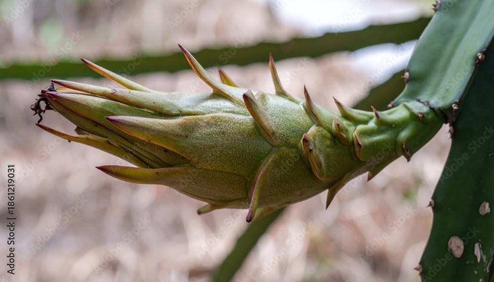 Obraz premium Close-up of a dragon fruit bud on a plant.