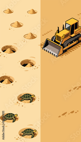 Construction equipment dwarfs hatchling sea turtles on a sandy beach
