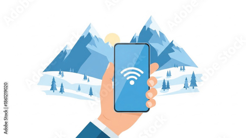Hand holding a smartphone displaying a Wi-Fi symbol, set against a stunning winter mountain landscape with snow and trees.