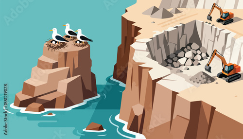 Birds nest on cliff overlooking construction site with excavators