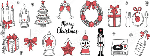 Hand drawn black and red Christmas vector set with holiday tree, wreath, gifts, candles, nutcracker and festive elements