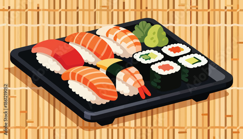 A flat lay of assorted sushi and rolls presented on a dark platter atop a bamboo mat