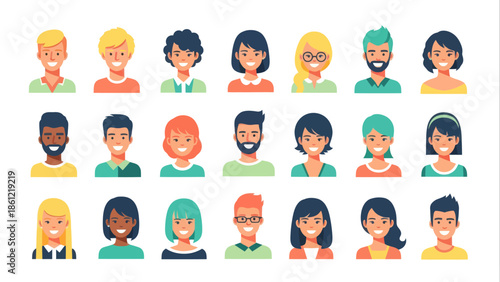 Diverse group of people avatars in a flat vector illustration style, showcasing individuality