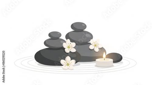 Peaceful spa scene featuring two stacks of black zen stones adorned with white blossoms and a lit tealight candle, for meditation.