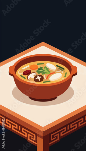 A steaming bowl of soup with vegetables and mushrooms on a decorative tray