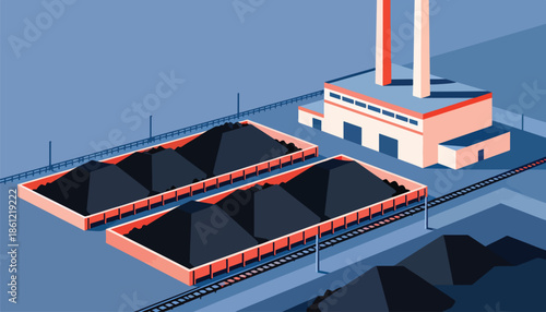 Industrial scene with large piles of coal near a factory with smokestacks