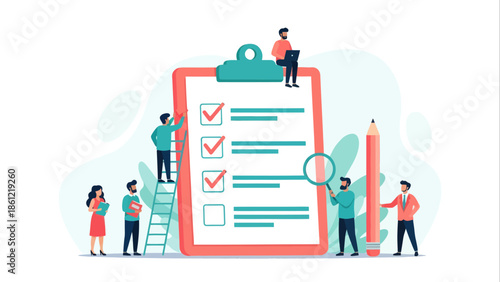 Flat vector illustration of people reviewing a checklist on a clipboard with magnifying glass and social media icons
