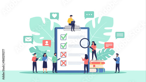 Team conducting an online survey and evaluating tasks on a giant checklist, symbolizing successful project completion and quality control. Flat vector illustration
