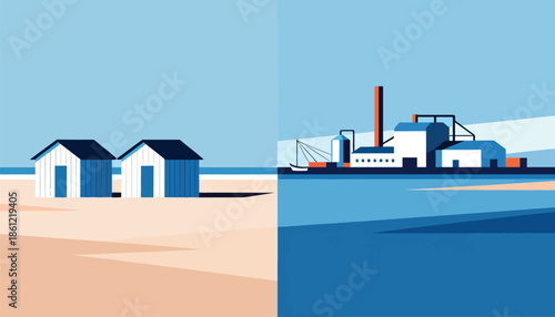 Beach huts contrast with industrial seaside structures