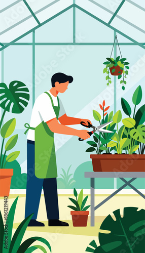 A person tends to plants inside a bright, glass-enclosed greenhouse