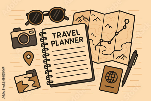 Travel Planner Notebook for Vacation Organization with Map, Camera and Passport