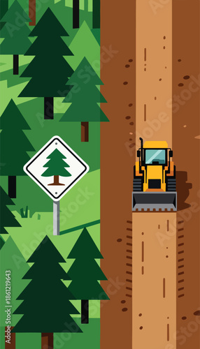 Bulldozer clears path through forest, leaving tire tracks and disturbed earth