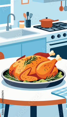 A golden brown roasted chicken sits on a bed of greens in a kitchen