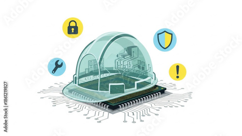 Conceptual transparent hard hat with circuit patterns, surrounded by security icons, placed over a microchip for digital protection.