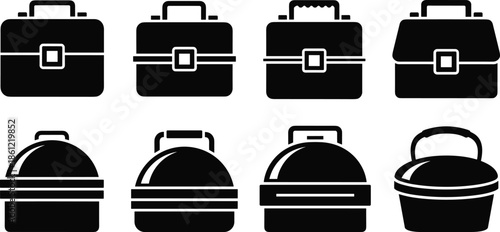 Set of Toolbox and Lunchbox Silhouette Icons for Industrial and School Design, Black Hardware Equipment CAD Drawing Flat Vector Illustration