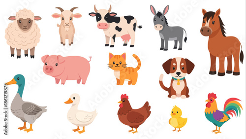 Cute farm animals set with diverse domestic livestock and friendly pets for children's education, flat vector illustration