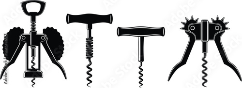 Set of Wine Corkscrew Opener Icons, Professional Barware Tools for Bottle Opening, Black Silhouette CAD Drawing Flat Vector Illustration Set
