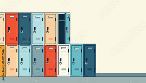 Colorful row of lockers with one door open, against a cream background