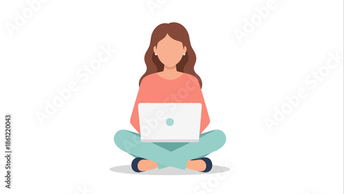 Flat vector illustration of a young woman sitting cross-legged with a laptop