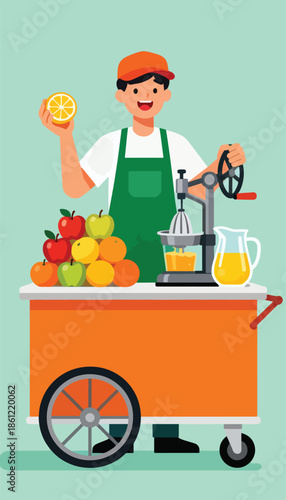 Cheerful vendor with fresh fruit juice cart, holding a lemon slice