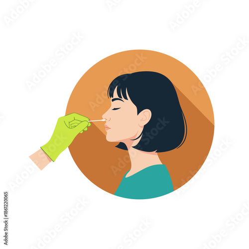 Nasal Swab Test Flat Vector Illustration of Woman Profile with Gloved Hand. suitable for COVID-19 testing, healthcare, diagnostics, and laboratory concepts.
