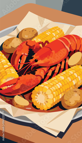 Red lobster, corn, and potatoes in a platter on a table