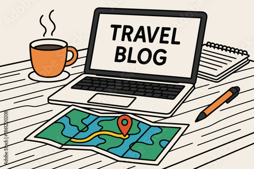 Travel Blog Workspace with Laptop Computer, Paper Map, Coffee Cup and Pen on Desk