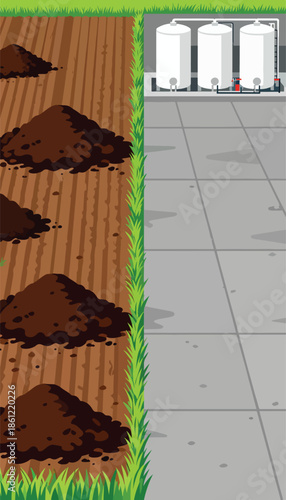 Farm field prepared for planting next to storage tanks