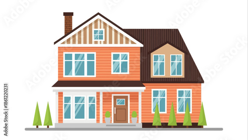 Charming two-story family home with a brown roof and orange walls, featuring a welcoming porch and multiple windows, depicted in a clean flat vector illustration style