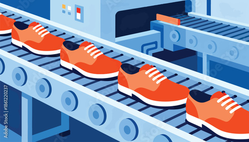 Orange shoes on an assembly line in a factory