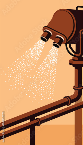 Industrial apparatus sprays white particulate matter from multiple nozzles