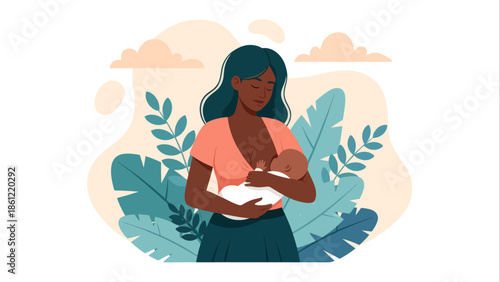 Tender Black mother breastfeeding her newborn baby amidst natural elements, a serene flat vector illustration depicting maternal love, care, and the precious bond