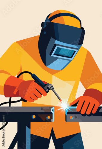 Person in protective gear welding metal, creating sparks