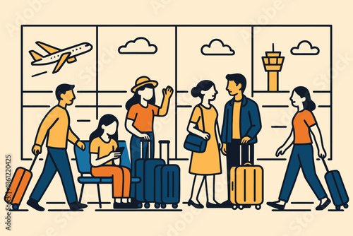 People and Tourists Waiting in Airport Terminal with Suitcases and Luggage