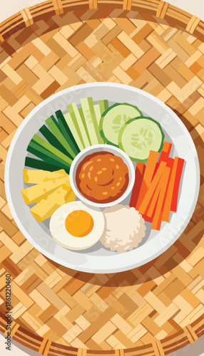 A platter of colorful vegetables, egg, and rice served with savory dip on woven mat