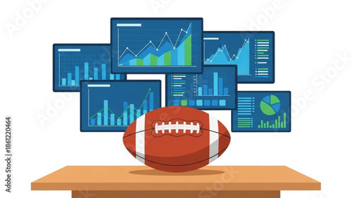 American football resting on a wooden table, with multiple screens displaying various financial charts and graphs in the background.