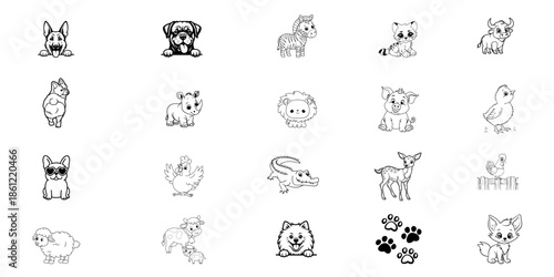 Simple Black and White Animal Drawings for Stickers and DIY Crafts