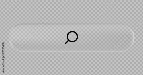 Minimalist black search icon prominently displayed on a transparent glass elongated horizontal bar interface element mockup