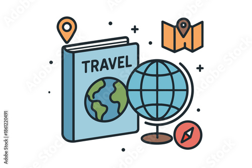 Travel planning concept with guidebook globe map and compass for summer vacation