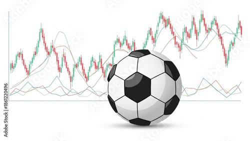 Soccer ball positioned in front of a dynamic candlestick chart, representing the intersection of sports betting and financial markets.