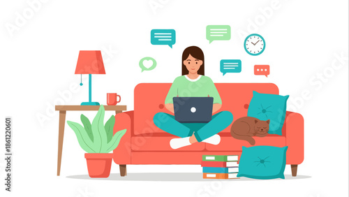 Flat vector illustration of a young woman working on a laptop while relaxing on a sofa at home, with plants and books around her