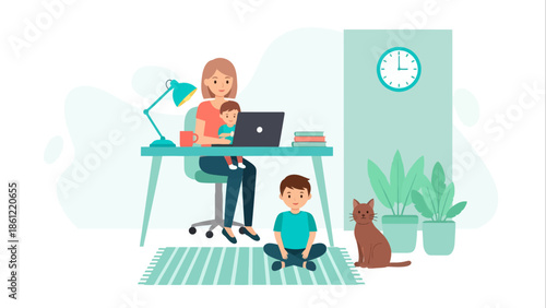 Flat vector illustration of a busy mother working remotely from home, juggling professional tasks and childcare, baby on lap, child nearby