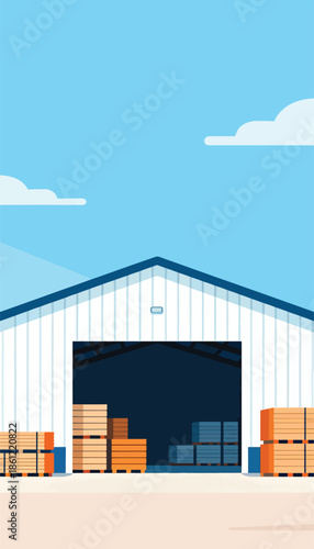Flat illustration of a warehouse exterior with stacked goods and blue sky