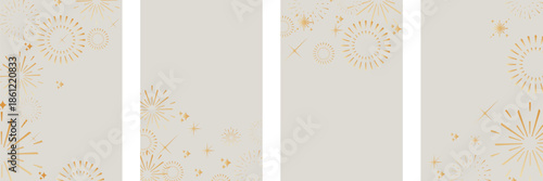 A sophisticated array of four light grey vertical banners adorned with elegant golden outline illustrations of abstract fireworks and sparkling stars, perfect for celebratory digital designs