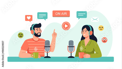 Engaging digital media conversation with a male and female host sharing insights on a podcast show, depicted in a vibrant flat vector illustration