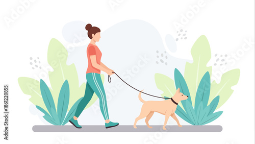 Flat vector illustration of a woman walking her dog in a park surrounded by plants