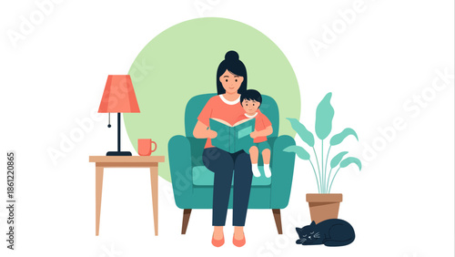 Flat vector illustration of a mother and child reading a book together in a cozy living room, with a cat sleeping nearby