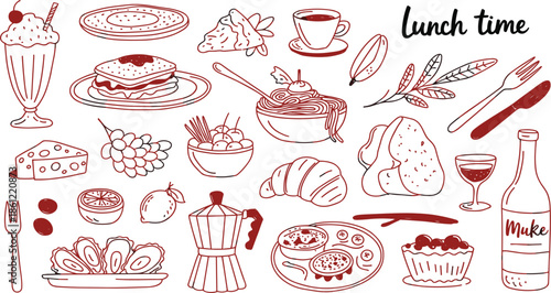Hand drawn red lunch cafe vector set with pasta, sandwich, croissant, oysters, wine, coffee and various food icons