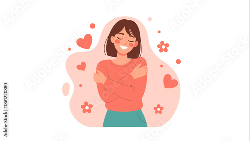 Flat vector illustration of a woman hugging herself with closed eyes surrounded by hearts and flowers