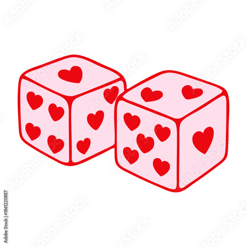 Dibujo de sencillo de dados con corazones de color rosa para tarjetas y felicitaciones de San Valentín